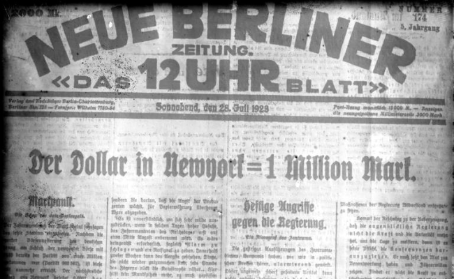 Die Berliner Zeitung verkündet den Dollarpreis während der Hyperinflation in Deutschland